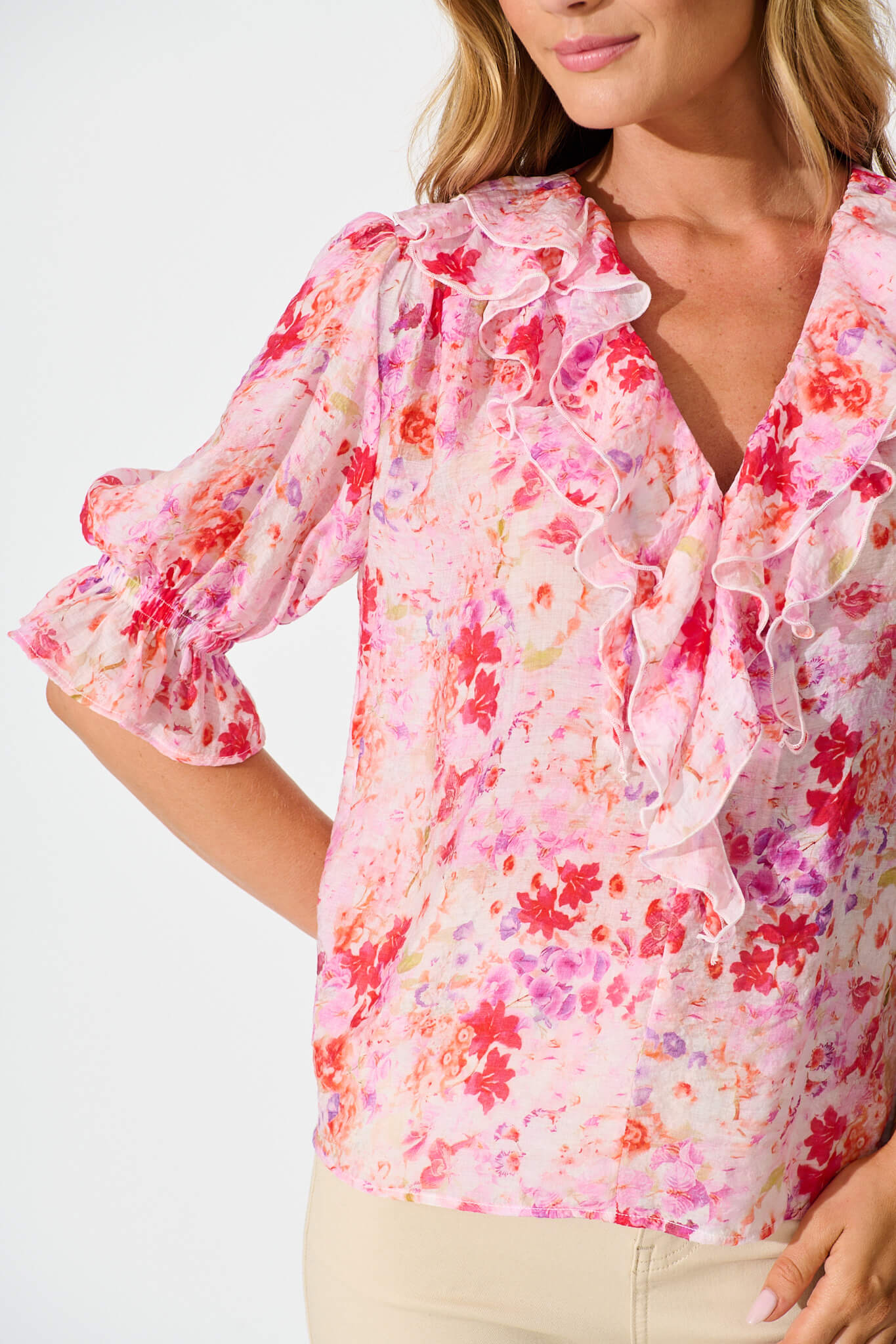 Vivica Top in Pink and Purple Watercolour Floral