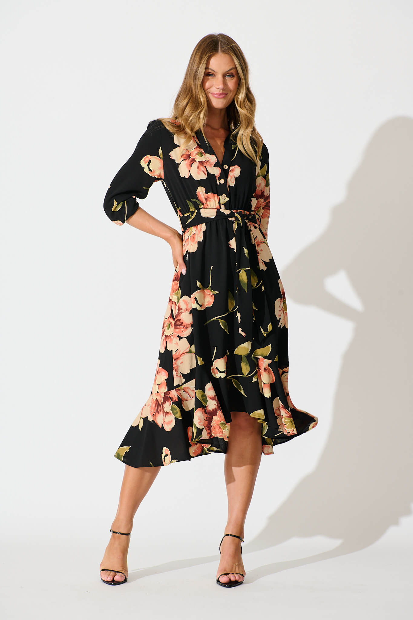 Jemimah Midi Dress In Black with Blush Floral