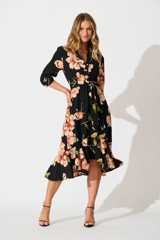 Jemimah Midi Dress In Black with Blush Floral