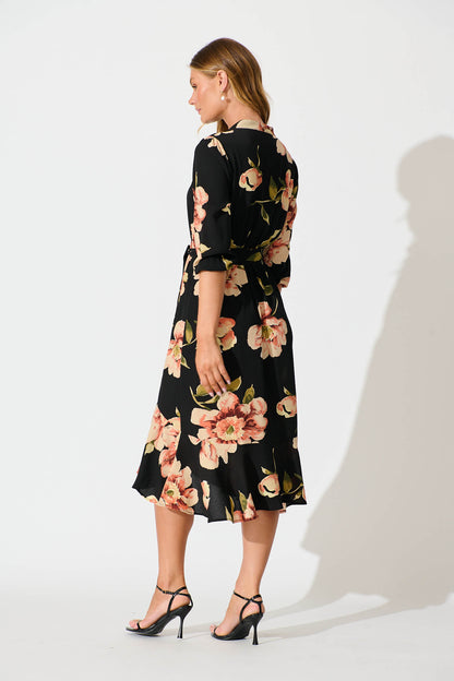 Jemimah Midi Dress In Black with Blush Floral