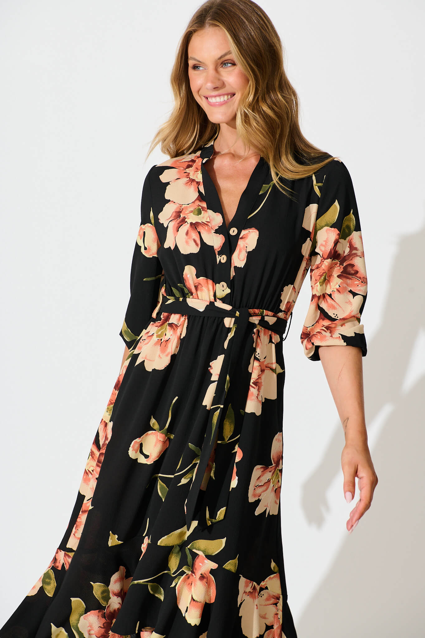 Jemimah Midi Dress In Black with Blush Floral