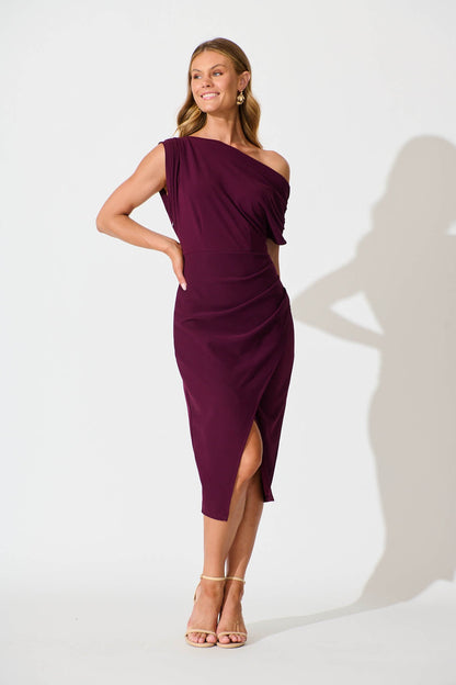 Phoenix Off Shoulder Midi Dress In Plum