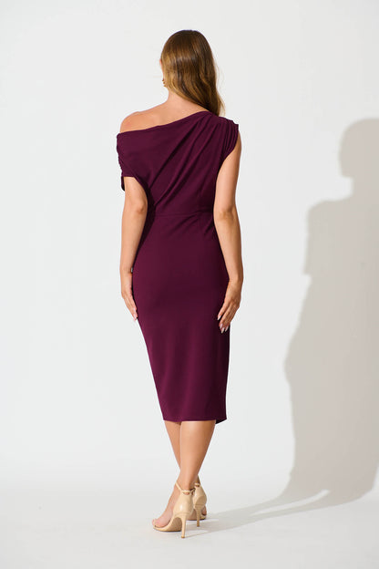 Phoenix Off Shoulder Midi Dress In Plum