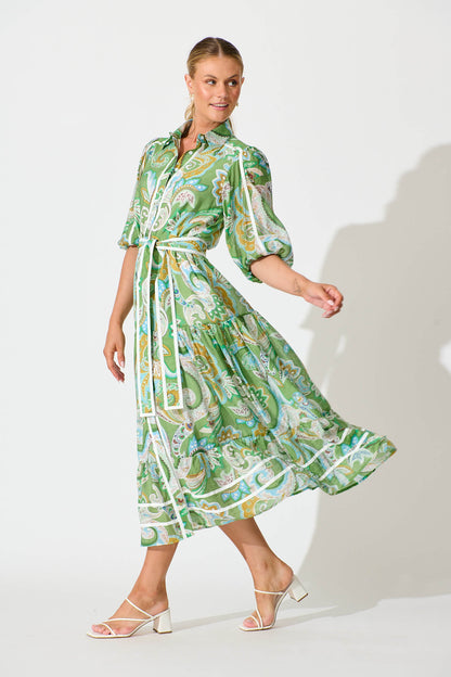 Dion Maxi Shirt Dress In Green Multi Print