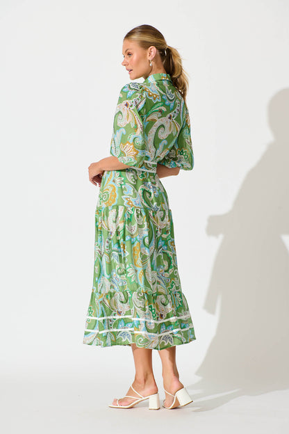 Dion Maxi Shirt Dress In Green Multi Print