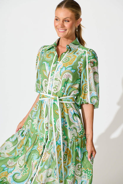 Dion Maxi Shirt Dress In Green Multi Print