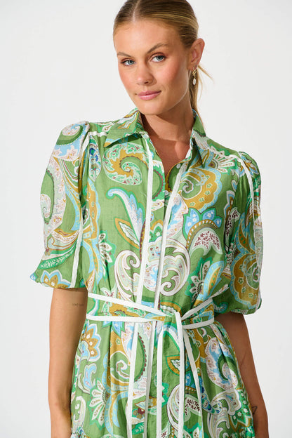 Dion Maxi Shirt Dress In Green Multi Print