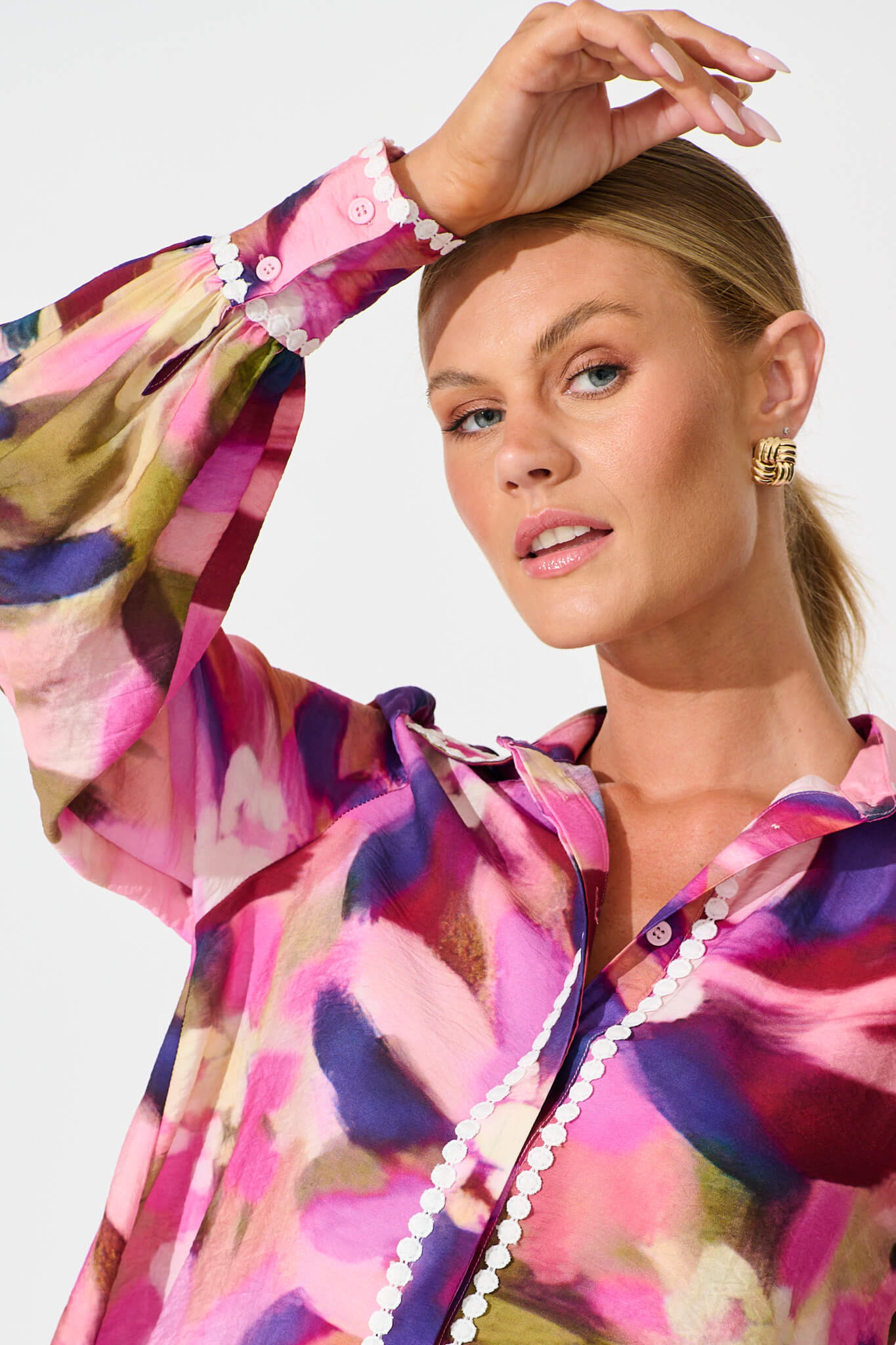 Lynelle Shirt in Plum Multi Watercolour with Contrast Trim