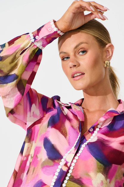 Lynelle Shirt in Plum Multi Watercolour with Contrast Trim