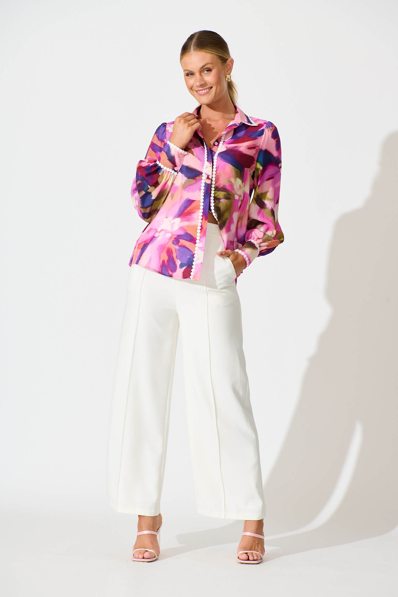 Lynelle Shirt in Plum Multi Watercolour with Contrast Trim