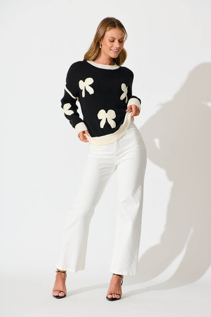 Amory Knit in Black with Cream Bows Wool Blend