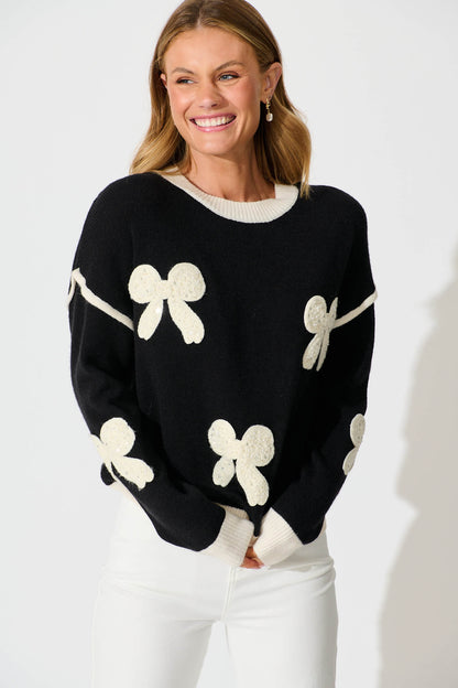 Amory Knit in Black with Cream Bows Wool Blend