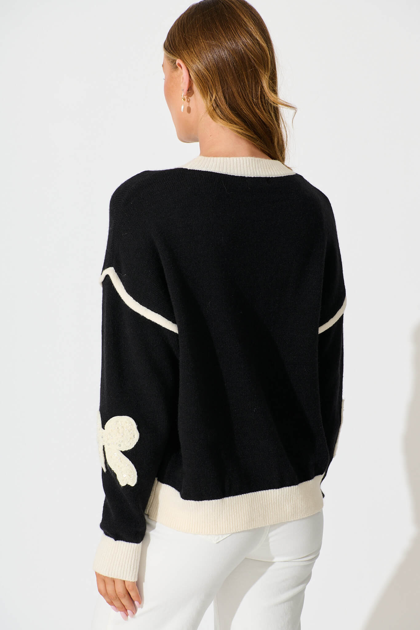 Amory Knit in Black with Cream Bows Wool Blend