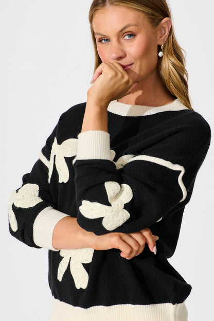 Amory Knit in Black with Cream Bows Wool Blend