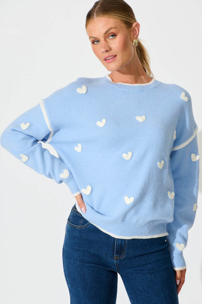 Angie Knit in Pale Blue with Cream Heart Wool Blend