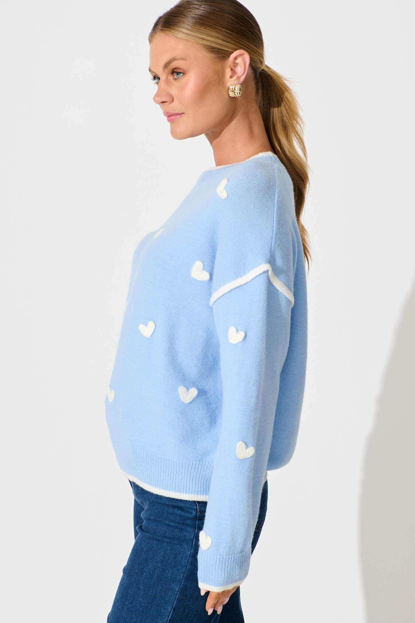 Angie Knit in Pale Blue with Cream Heart Wool Blend