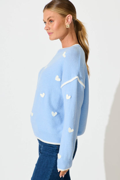 Angie Knit in Pale Blue with Cream Heart Wool Blend