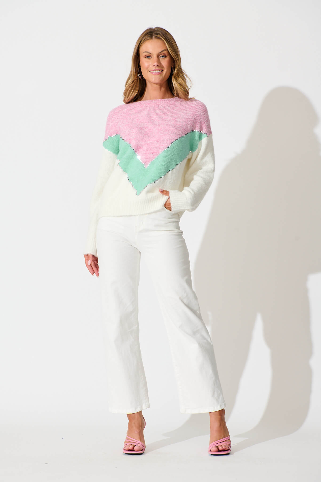 Sabre Knit in Pink with Green Colourblock Sequin Wool Blend