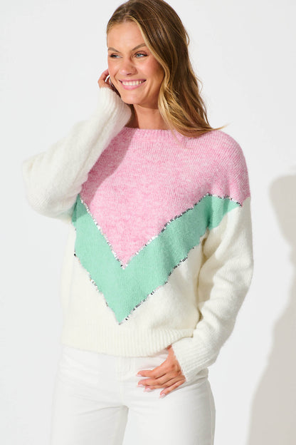 Sabre Knit in Pink with Green Colourblock Sequin Wool Blend