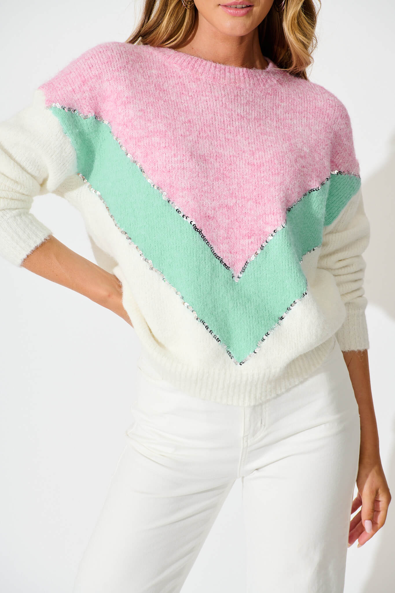 Sabre Knit in Pink with Green Colourblock Sequin Wool Blend