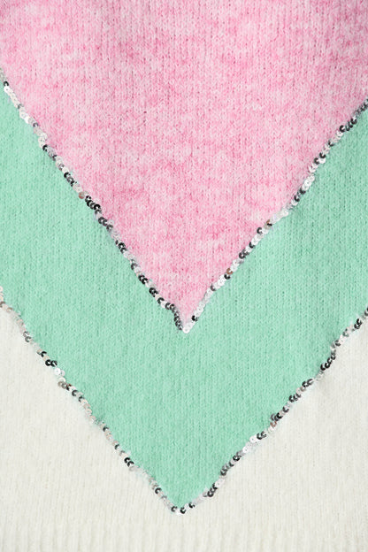 Sabre Knit in Pink with Green Colourblock Sequin Wool Blend