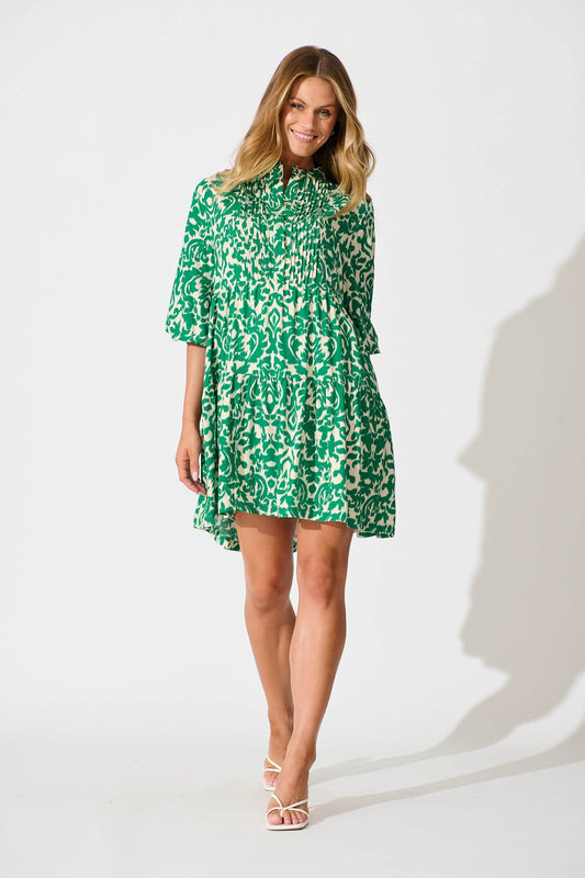 Caracelle Smock Dress In White With Green Print