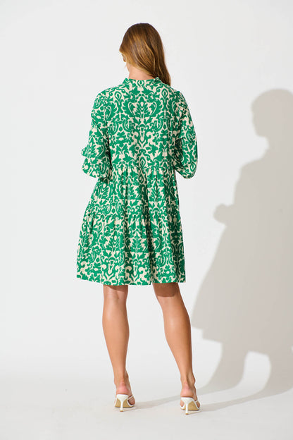 Caracelle Smock Dress In White With Green Print