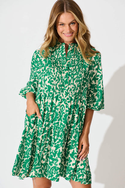 Caracelle Smock Dress In White With Green Print