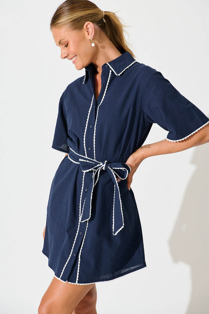 Miela Shirt Dress in Navy with White Contrast Trim Cotton