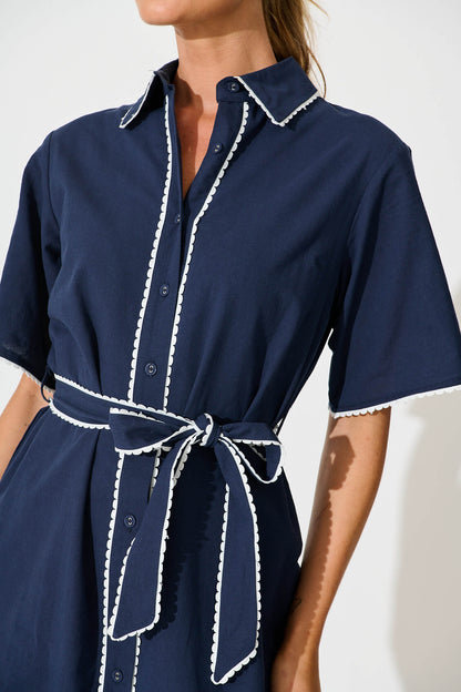 Miela Shirt Dress in Navy with White Contrast Trim Cotton