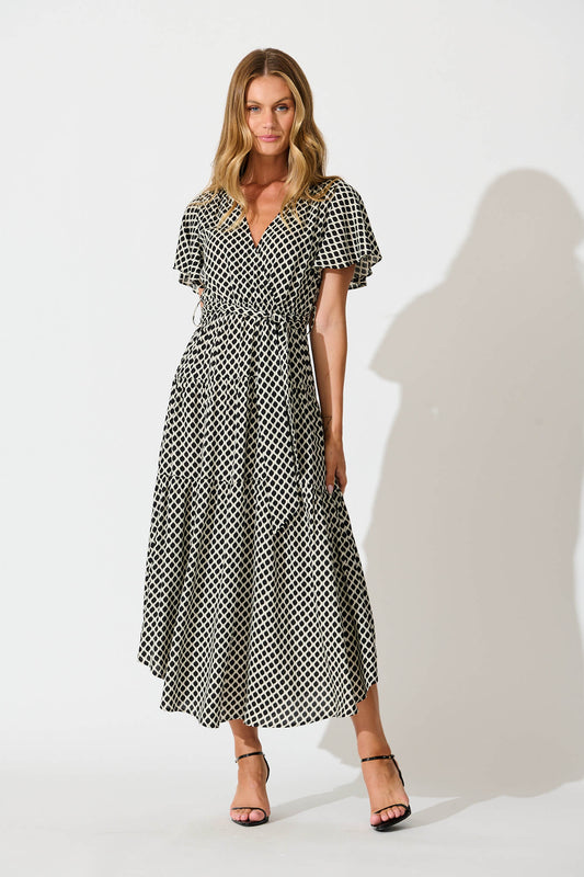 Heidi Maxi Dress in Black and Cream Geometric Print