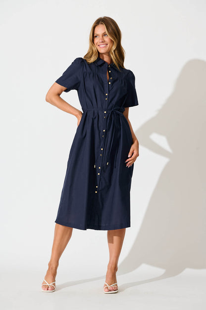 Oatland Midi Shirt Dress In Navy Cotton Linen