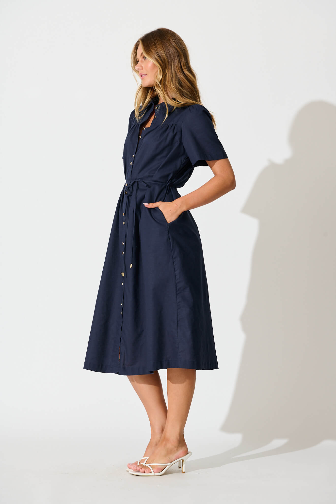 Oatland Midi Shirt Dress In Navy Cotton Linen