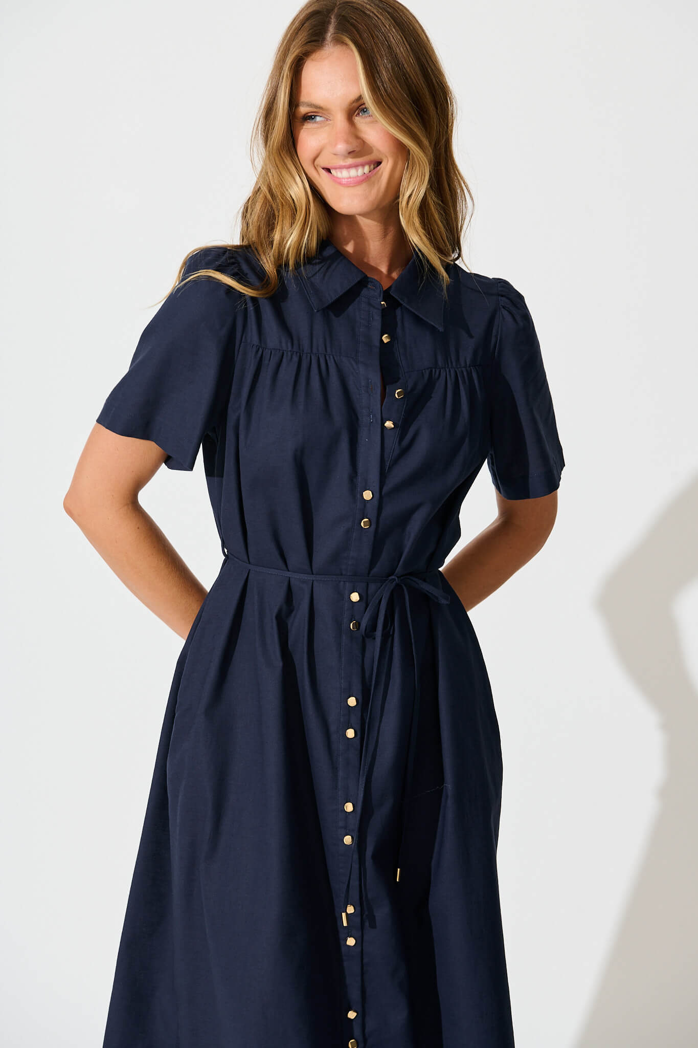 Oatland Midi Shirt Dress In Navy Cotton Linen