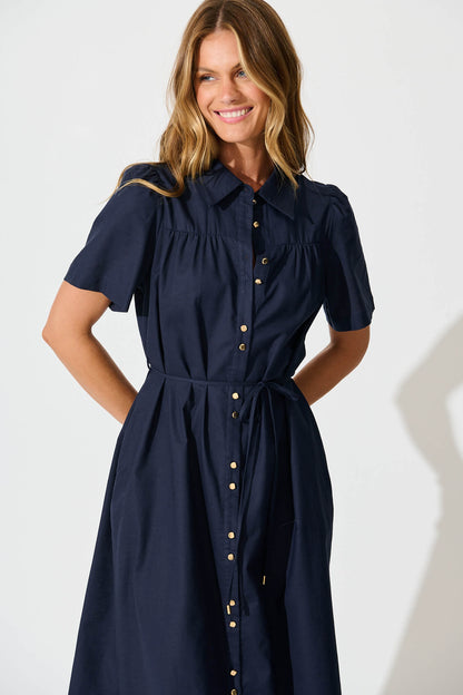 Oatland Midi Shirt Dress In Navy Cotton Linen