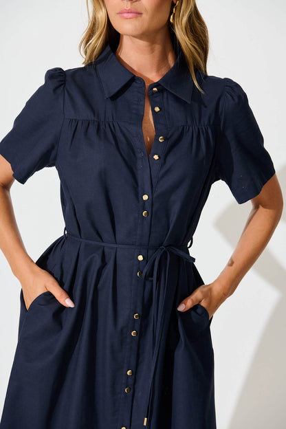 Oatland Midi Shirt Dress In Navy Cotton Linen