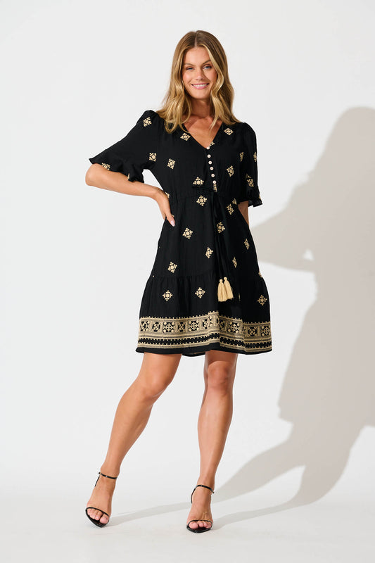 Reagan Dress in Black with Cream Embroidery
