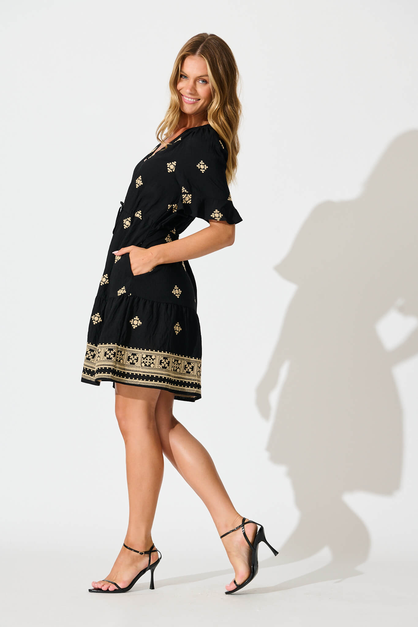 Reagan Dress in Black with Cream Embroidery