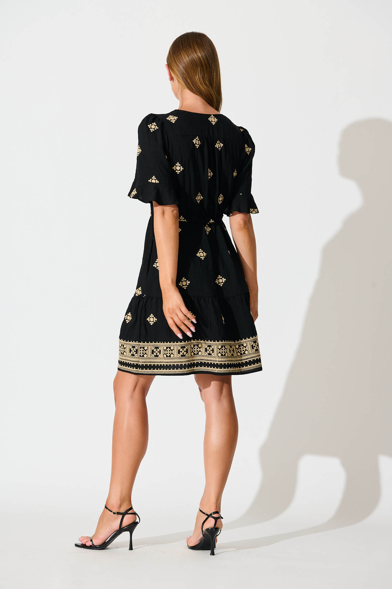 Reagan Dress in Black with Cream Embroidery