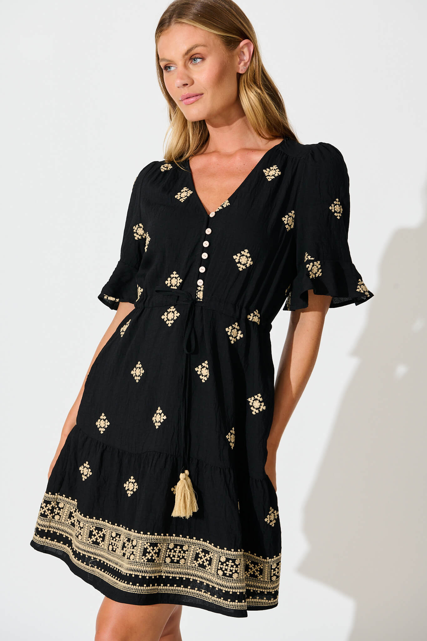 Reagan Dress in Black with Cream Embroidery