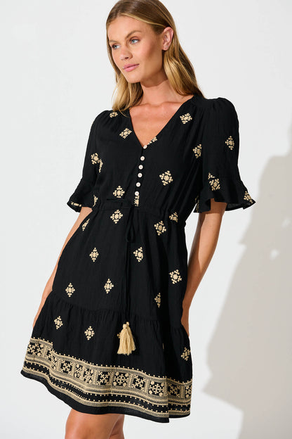 Reagan Dress in Black with Cream Embroidery