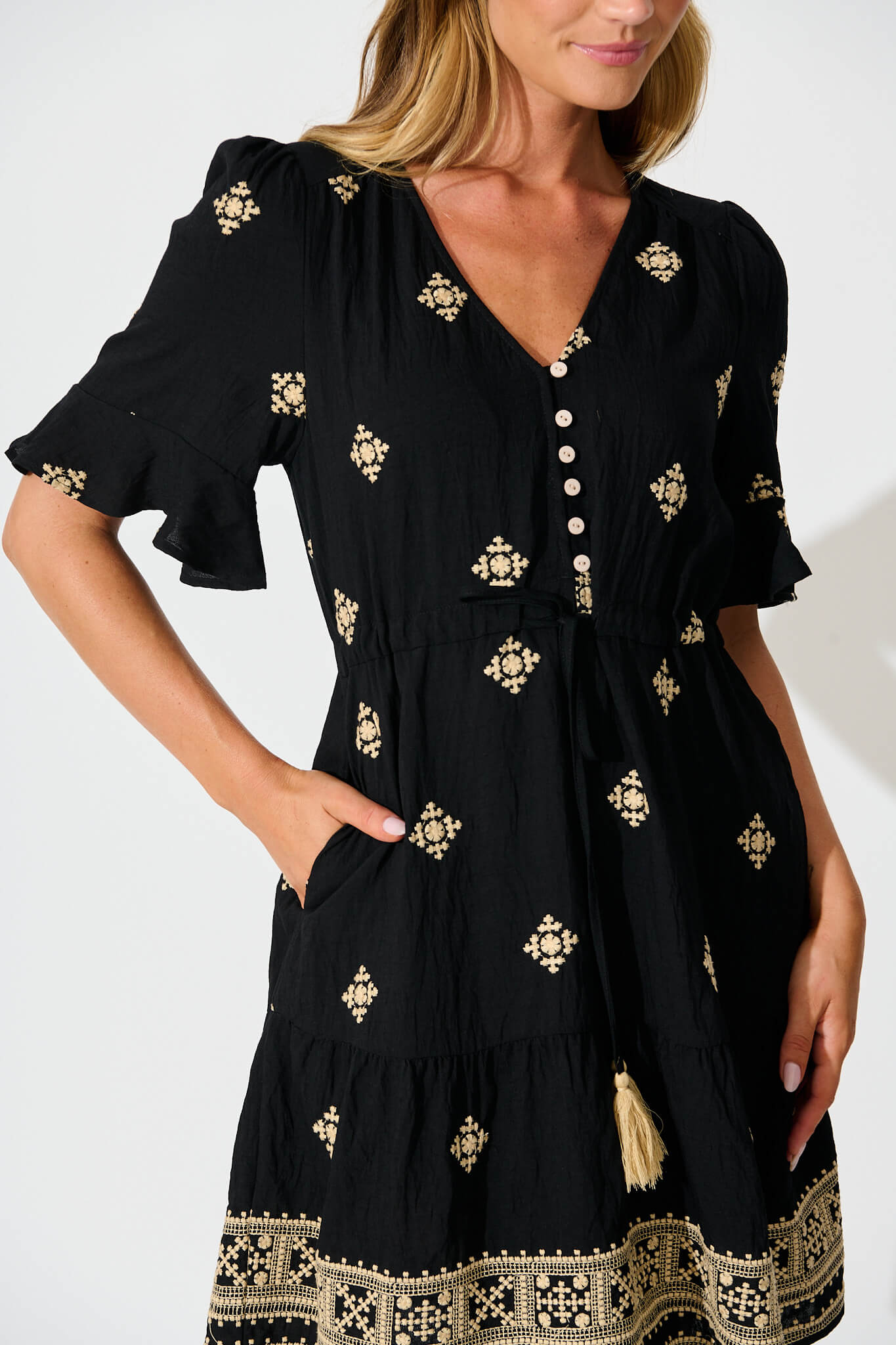 Reagan Dress in Black with Cream Embroidery