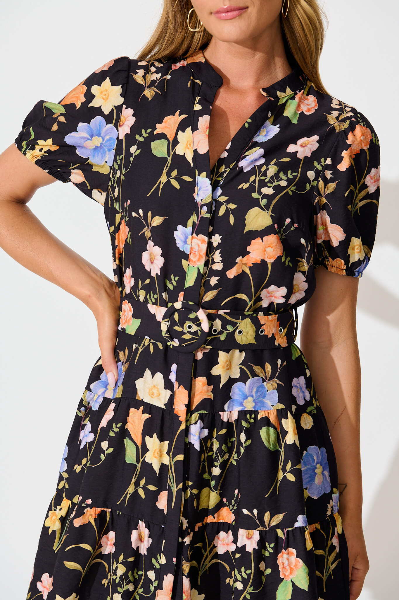 Adara Dress in Black with Multi Floral