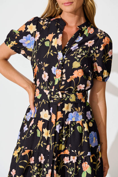 Adara Dress in Black with Multi Floral