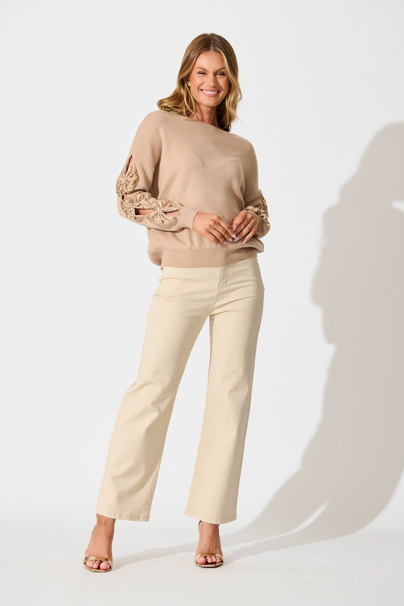 Kennedi Sequin Sleeve Detail Knit in Beige Wool Blend