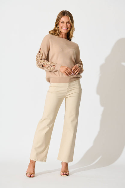 Kennedi Sequin Sleeve Detail Knit in Beige Wool Blend