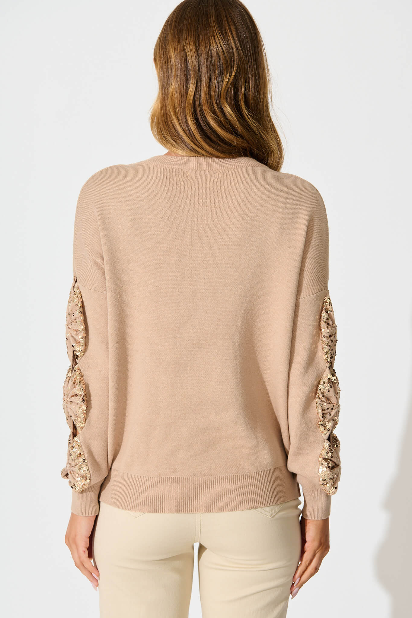 Kennedi Sequin Sleeve Detail Knit in Beige Wool Blend