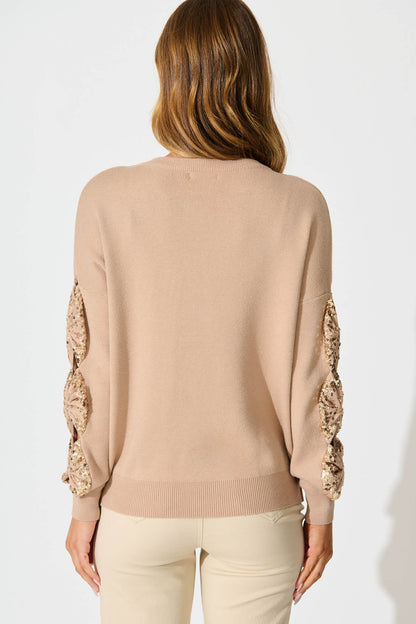 Kennedi Sequin Sleeve Detail Knit in Beige Wool Blend