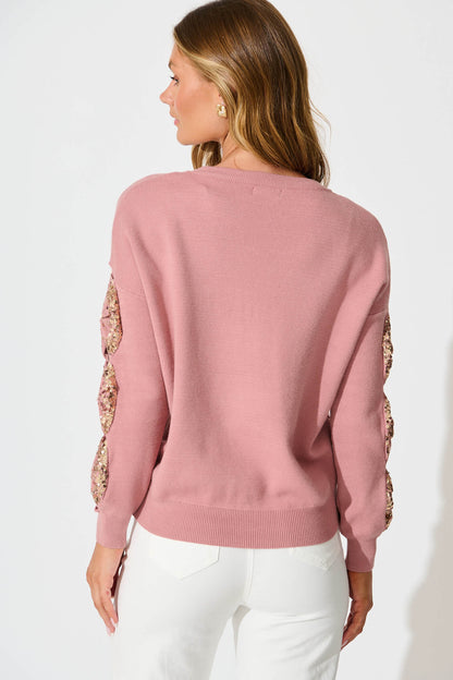 Kennedi Sequin Sleeve Detail Knit in Dusty Rose Wool Blend