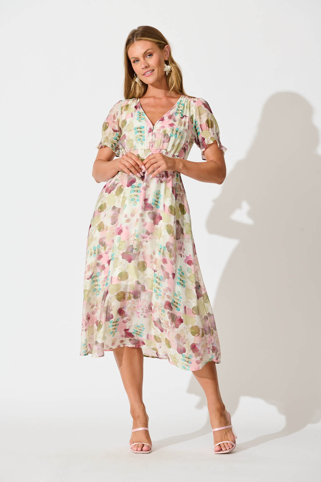 Anabelle Midi Dress in Sage with Blush Watercolour